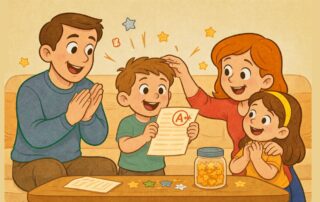 A warm cartoon illustration of a happy family celebrating a young boy who is proudly holding an A+ paper, with parents cheering and a little sister smiling beside a jar of reward stars.