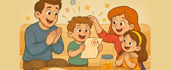 A warm cartoon illustration of a happy family celebrating a young boy who is proudly holding an A+ paper, with parents cheering and a little sister smiling beside a jar of reward stars.