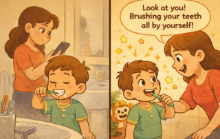 Cartoon-style illustration of a young boy celebrating a morning routine win as his parents cheer him on, with colorful stars symbolizing positive reinforcement.
