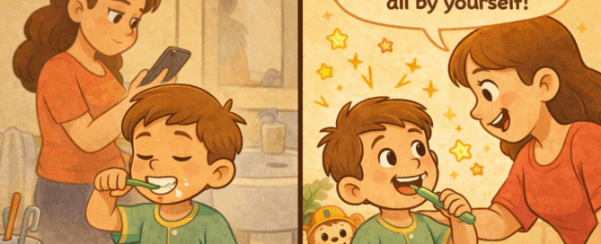 Cartoon-style illustration of a young boy celebrating a morning routine win as his parents cheer him on, with colorful stars symbolizing positive reinforcement.