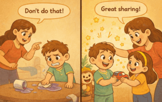 “Parent correcting a child who spilled juice contrasted with a joyful moment where the same child is praised for sharing, illustrated in a warm cartoon style with Misha the Booya monkey peeking in the background