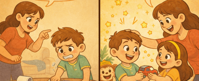 “Parent correcting a child who spilled juice contrasted with a joyful moment where the same child is praised for sharing, illustrated in a warm cartoon style with Misha the Booya monkey peeking in the background